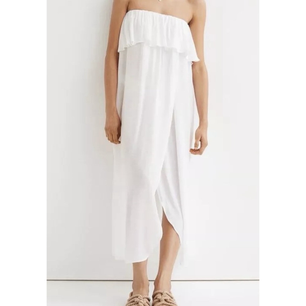 NWT‎ H&M Flounced Ruffle White Sleeveless Bandeau Slit Beach Dress Cover Up Med